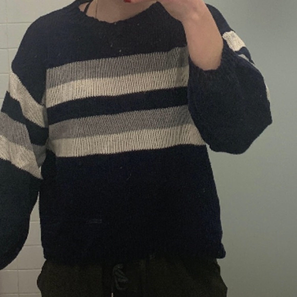 Lantern Sleeve Striped Wool Sweater Pullover